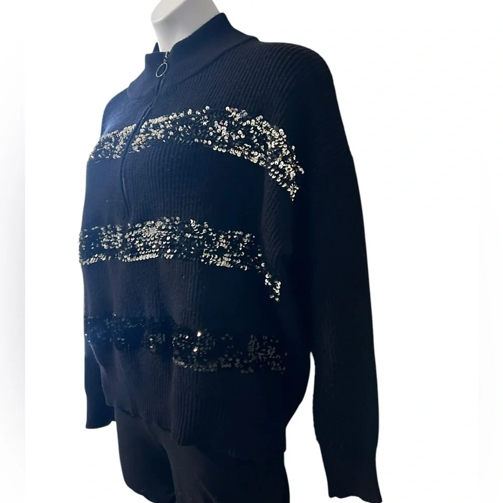Nine West Womens sequin striped pleated black turtleneck quarter zip XL sweater - Picture 3 of 7